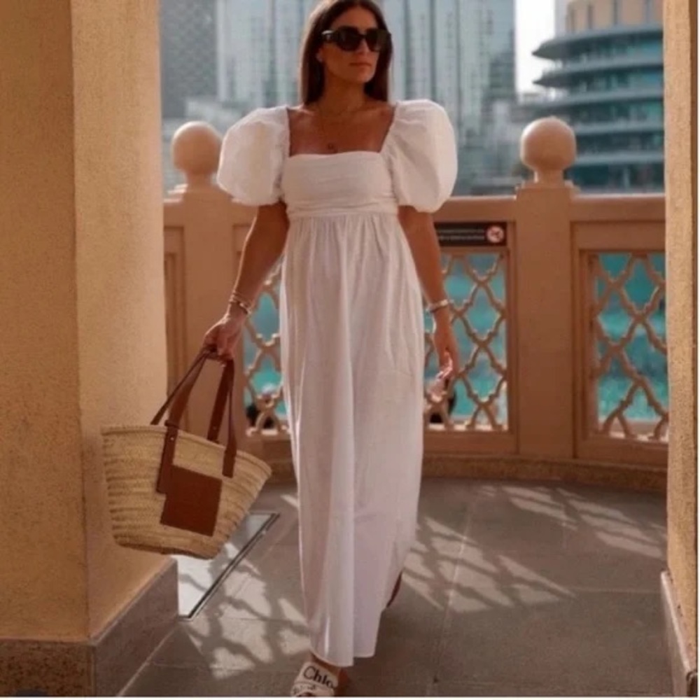Zara White Puff Bubble Sleeve Zip Up Structured Gathered Maxi Dress, Medium